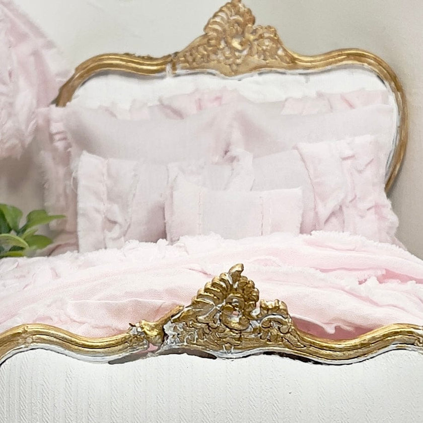 Chantallena Shabby Bed Linens 1:12 Scale Dollhouse Bedding Set- Pippa Forever in Bloom Pink Cotton Lawn Ruffles| Chantallena