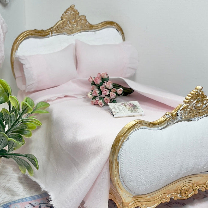 Chantallena Shabby Bed Linens 1:12 Scale Dollhouse Bedding Set- Pippa Forever in Bloom Pink Cotton Lawn Ruffles| Chantallena