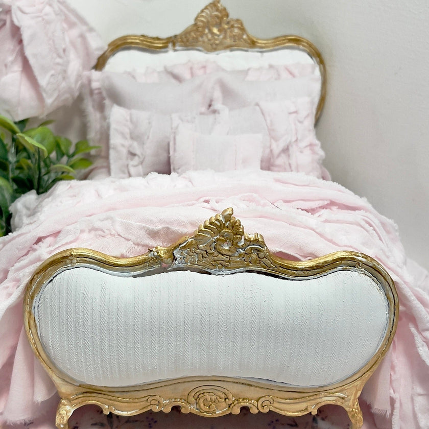 Chantallena Shabby Bed Linens 1:12 Scale Dollhouse Bedding Set- Pippa Forever in Bloom Pink Cotton Lawn Ruffles| Chantallena