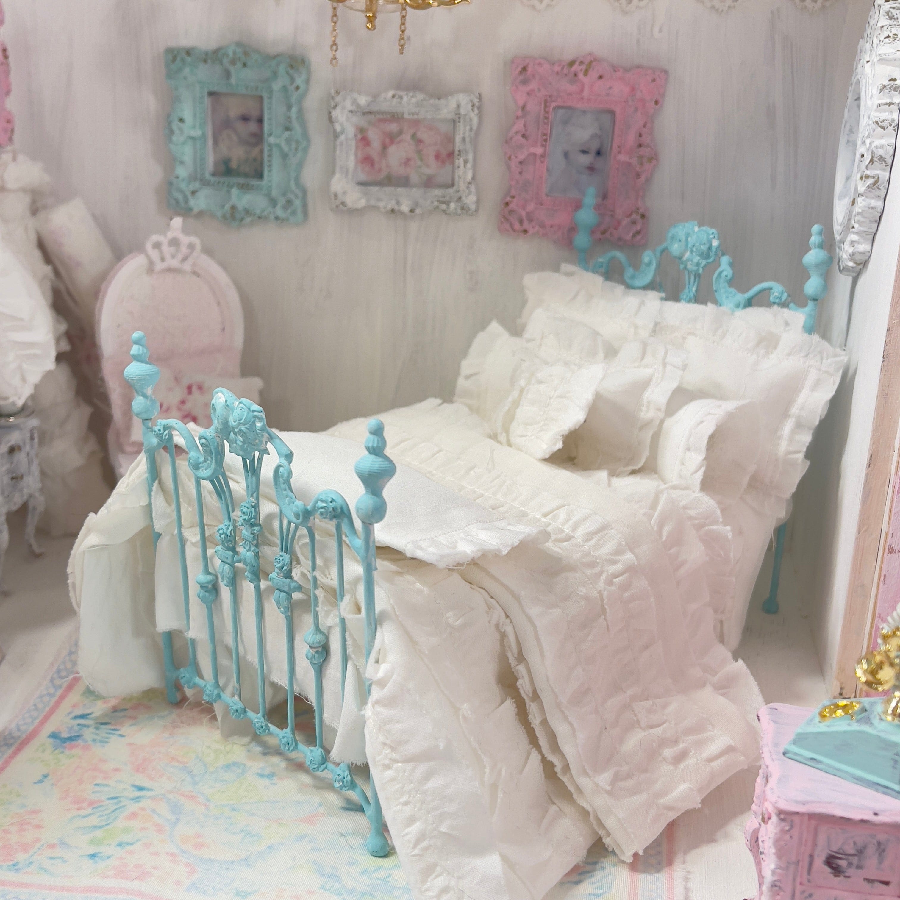 Chantallena White Bed Linens 2 Chantal-White Cotton with White Shabby Ruffles-1:12 Scale Bedding Set|Forever in Bloom