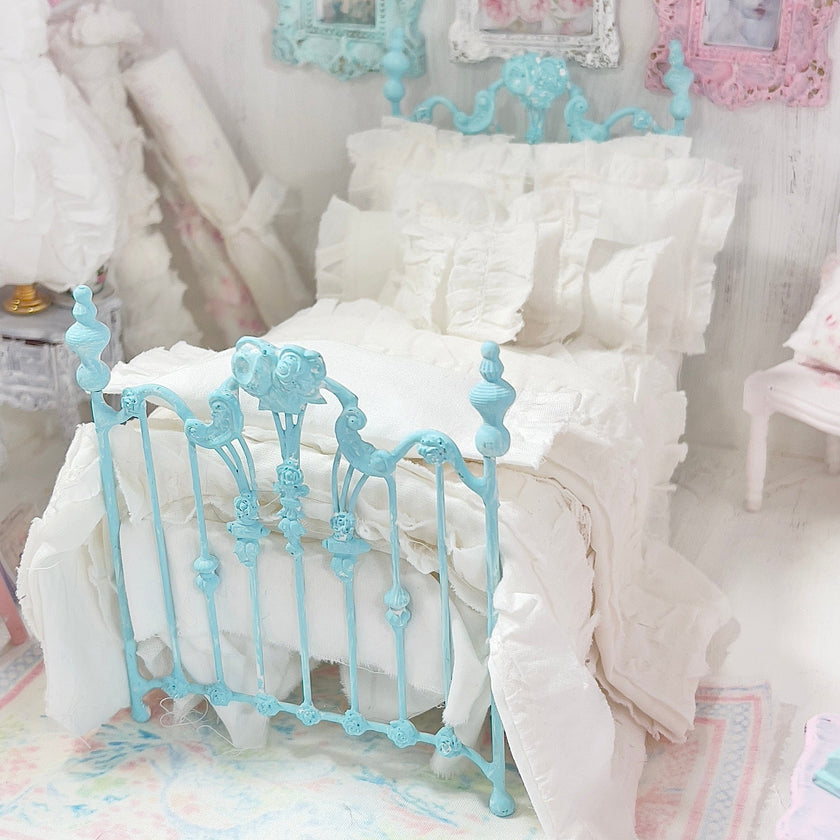 Chantallena White Bed Linens 2 Chantal-White Cotton with White Shabby Ruffles-1:12 Scale Bedding Set|Forever in Bloom