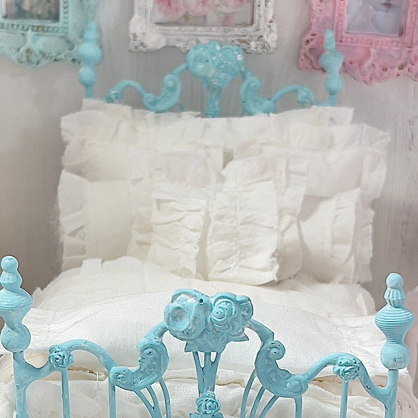 Chantallena White Bed Linens 2 Chantal-White Cotton with White Shabby Ruffles-1:12 Scale Bedding Set|Forever in Bloom