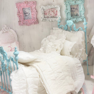 Chantallena White Bed Linens 2 Chantal-White Cotton with White Shabby Ruffles-1:12 Scale Bedding Set|Forever in Bloom
