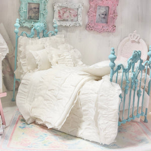 Chantallena White Bed Linens 2 Chantal-White Cotton with White Shabby Ruffles-1:12 Scale Bedding Set|Forever in Bloom