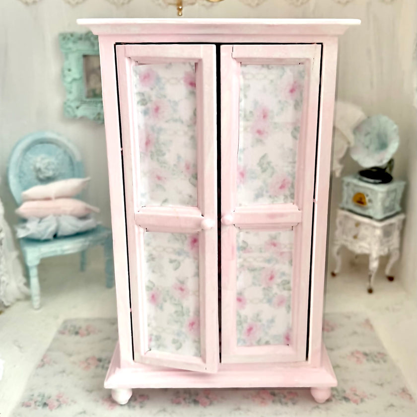 Chantallena White Bed Linens Armoire Wooden Decoupage Shabby Pink Pink Roses with Linens| 1:12 Scale Painted Petals Furniture |Chantallena