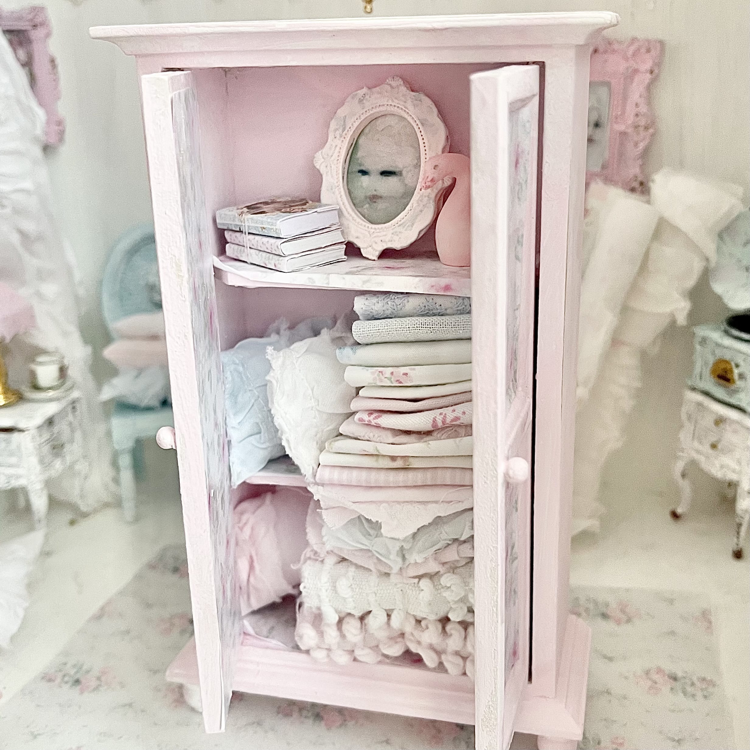 Chantallena White Bed Linens Armoire Wooden Decoupage Shabby Pink Pink Roses with Linens| 1:12 Scale Painted Petals Furniture |Chantallena
