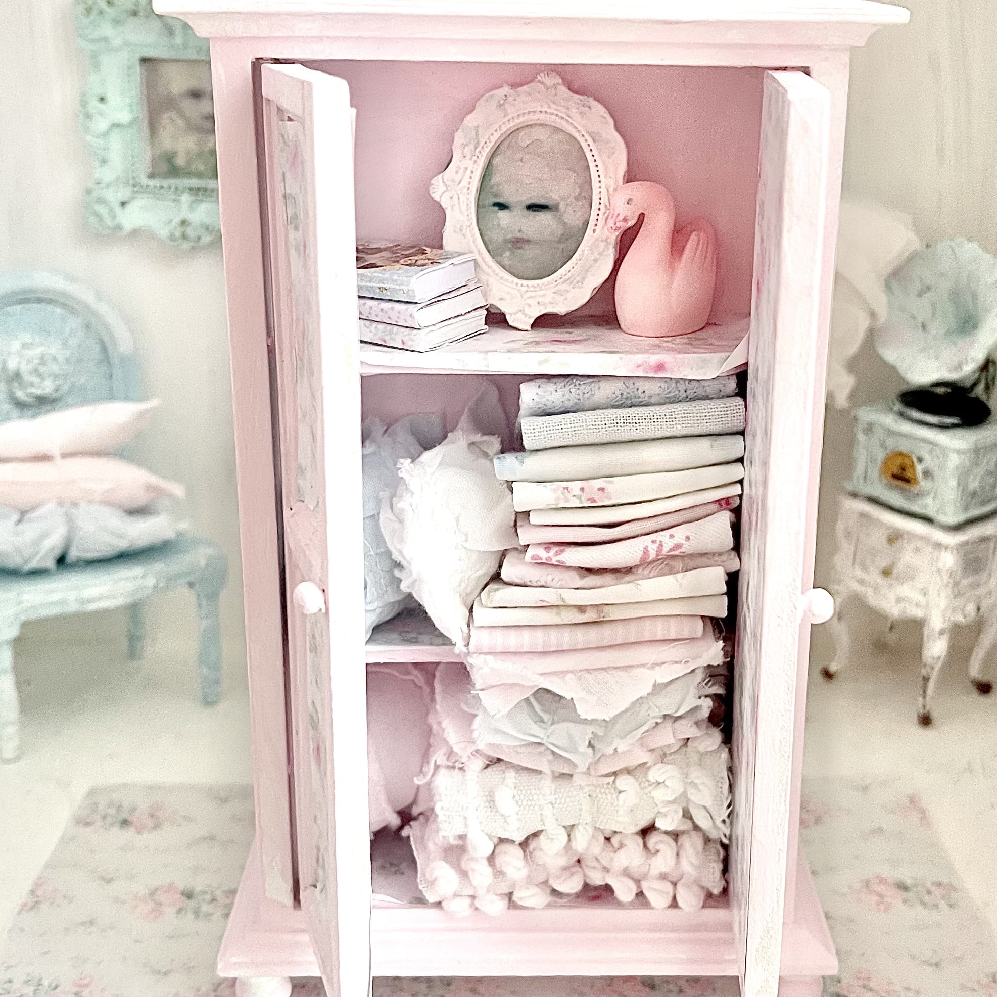 Chantallena White Bed Linens Armoire Wooden Decoupage Shabby Pink Pink Roses with Linens| 1:12 Scale Painted Petals Furniture |Chantallena