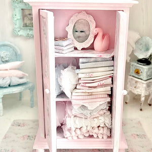 Chantallena White Bed Linens Armoire Wooden Decoupage Shabby Pink Pink Roses with Linens| 1:12 Scale Painted Petals Furniture |Chantallena
