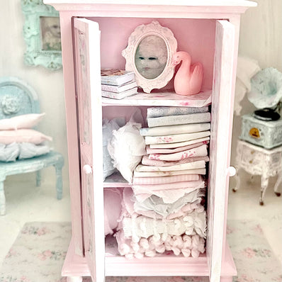Chantallena White Bed Linens Armoire Wooden Decoupage Shabby Pink Pink Roses with Linens| 1:12 Scale Painted Petals Furniture |Chantallena