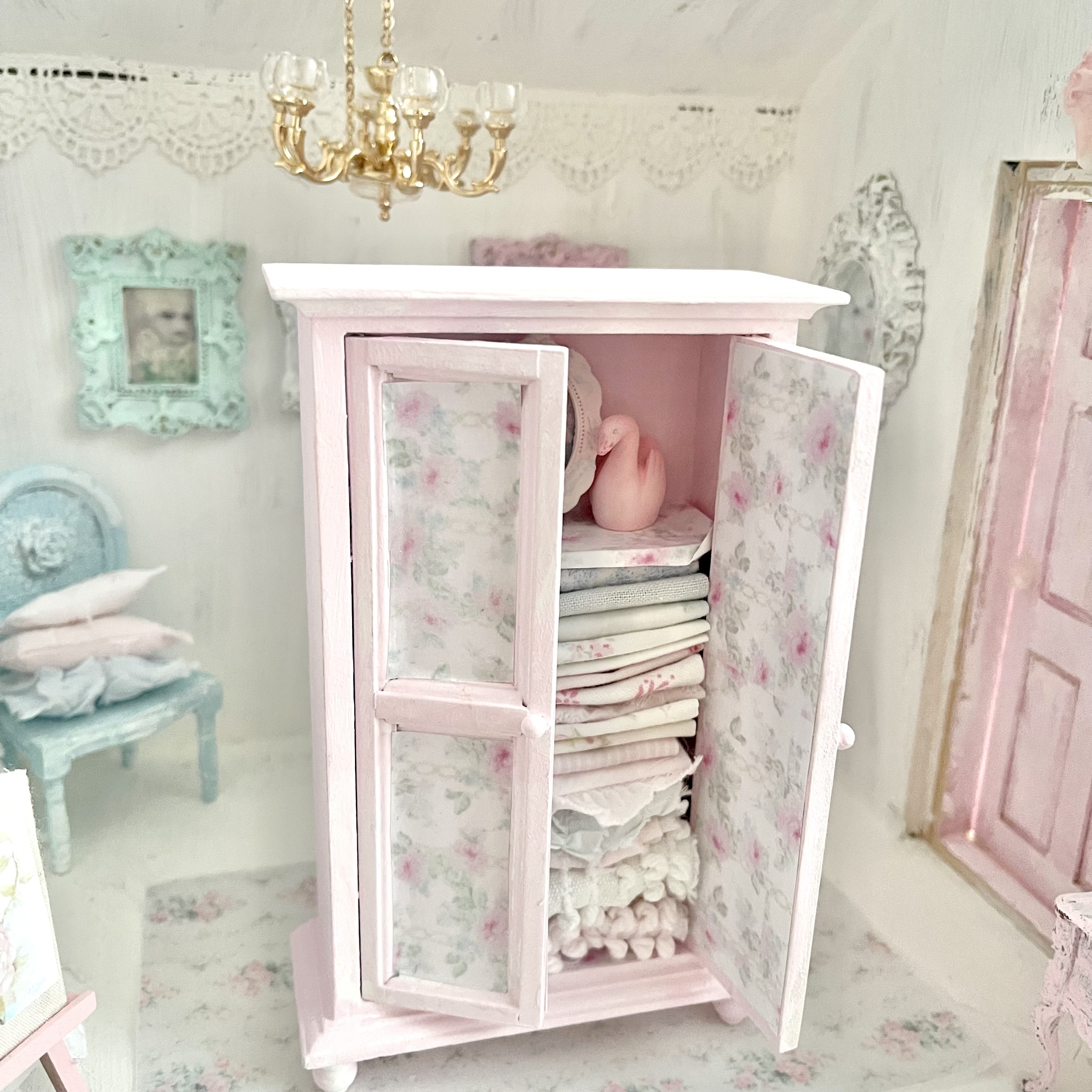 Chantallena White Bed Linens Armoire Wooden Decoupage Shabby Pink Pink Roses with Linens| 1:12 Scale Painted Petals Furniture |Chantallena