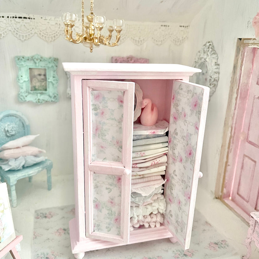 Chantallena White Bed Linens Armoire Wooden Decoupage Shabby Pink Pink Roses with Linens| 1:12 Scale Painted Petals Furniture |Chantallena