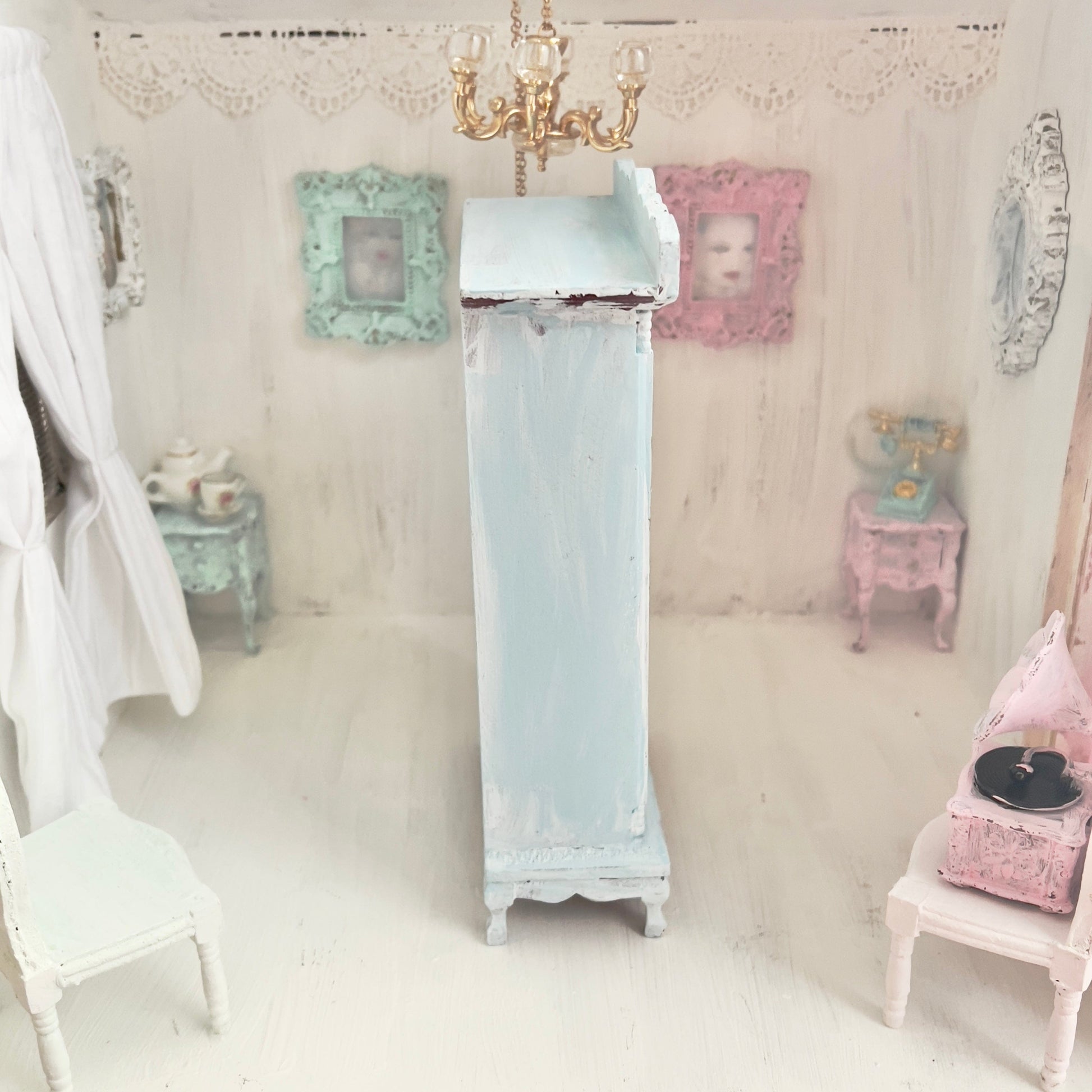Chantallena White Bed Linens Armoire | Wooden Mint Shabby Blue Distressed | Painted Petals Furniture