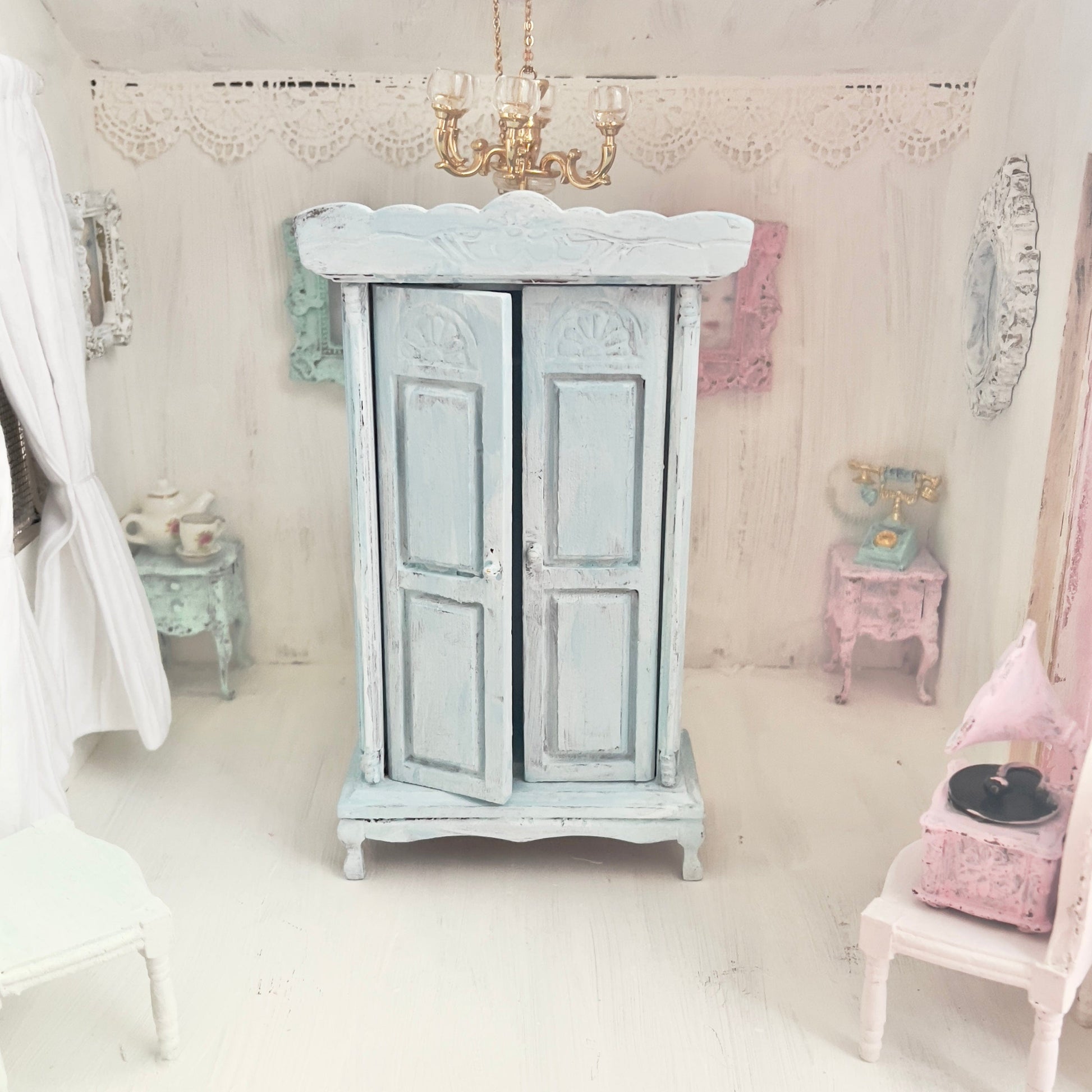 Chantallena White Bed Linens Armoire | Wooden Mint Shabby Blue Distressed | Painted Petals Furniture