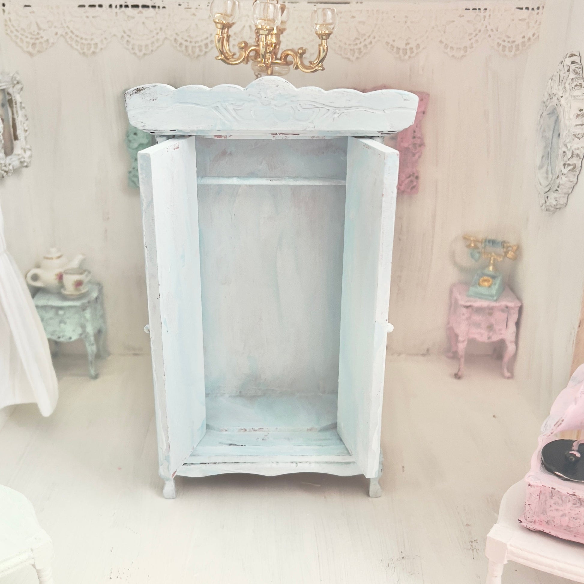 Chantallena White Bed Linens Armoire | Wooden Mint Shabby Blue Distressed | Painted Petals Furniture