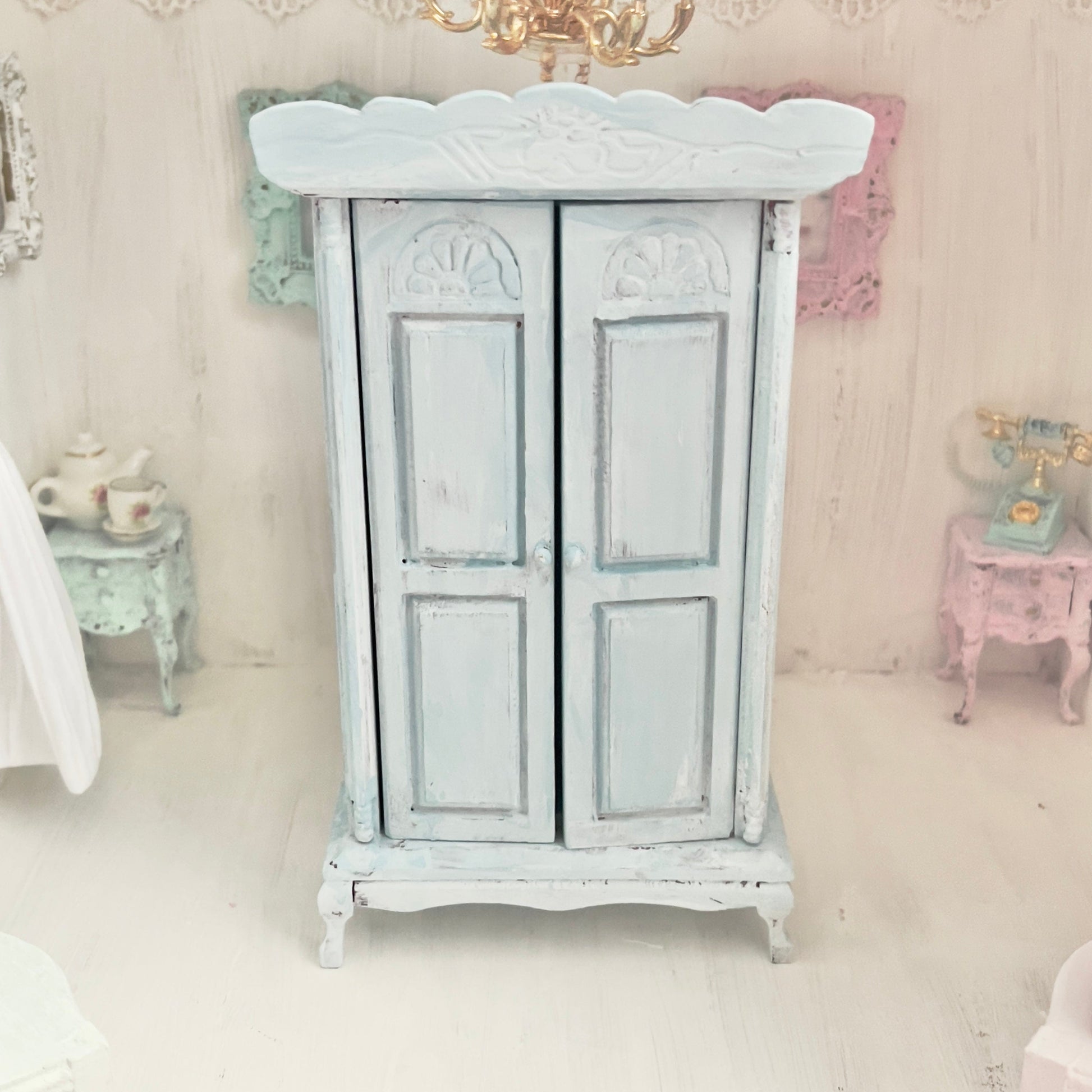 Chantallena White Bed Linens Armoire | Wooden Mint Shabby Blue Distressed | Painted Petals Furniture