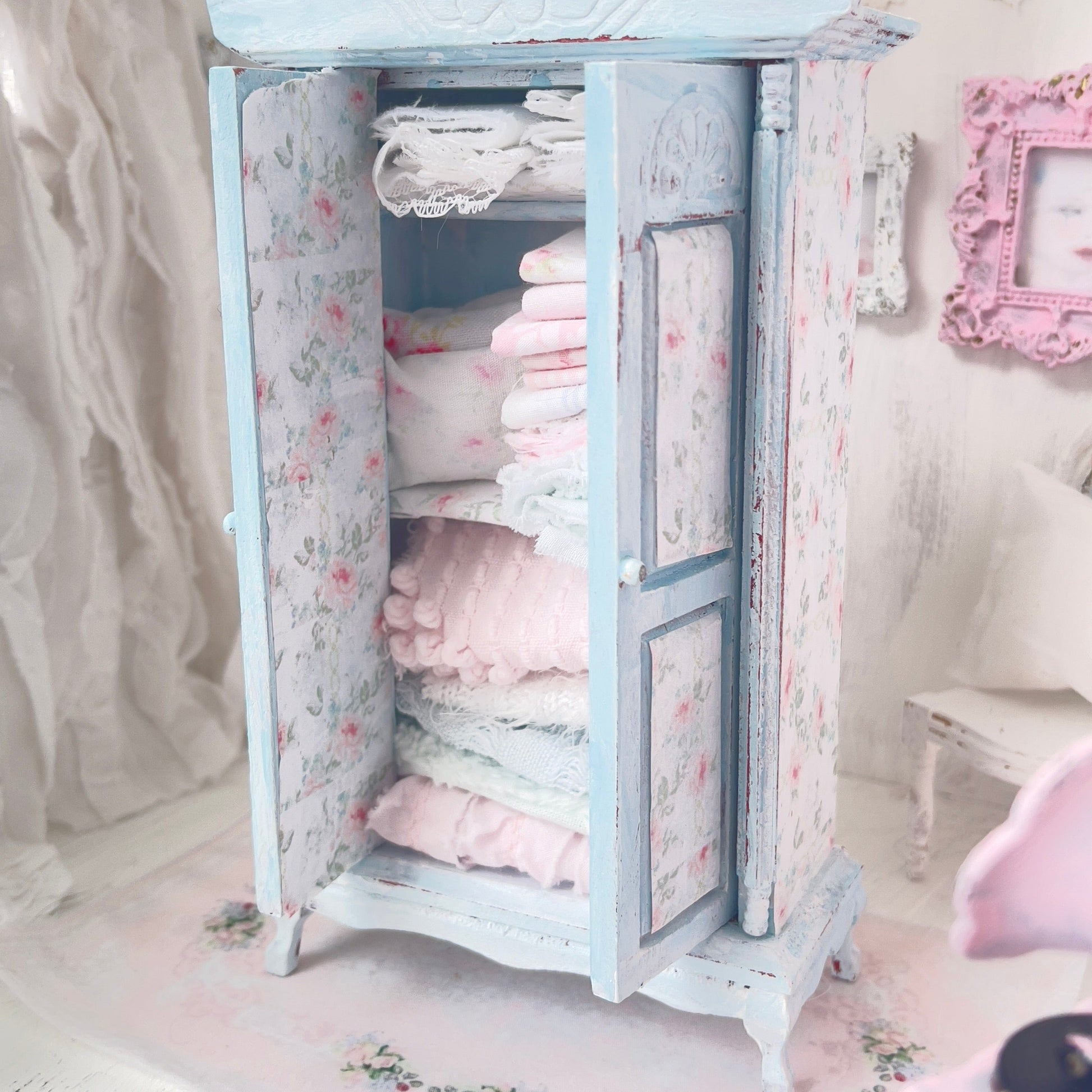 Chantallena White Bed Linens Armoire| Wooden Pale Blue Distressed with Linens| Painted Petals Furniture