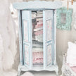 Chantallena White Bed Linens Armoire| Wooden Pale Blue Distressed with Linens| Painted Petals Furniture