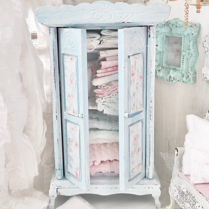 Chantallena White Bed Linens Armoire| Wooden Pale Blue Distressed with Linens| Painted Petals Furniture