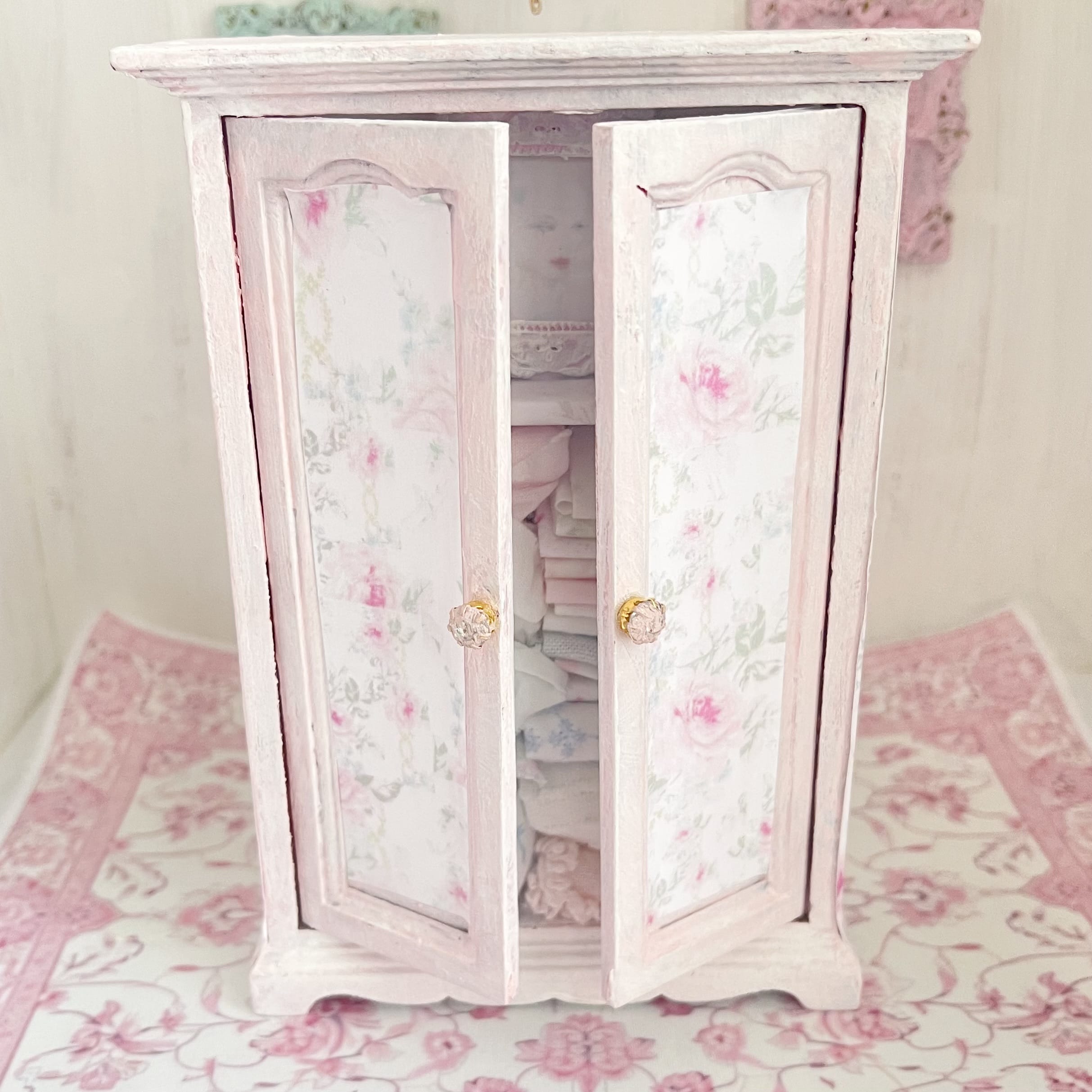 Chantallena White Bed Linens Armoire Wooden Shabby Pink Distressed Armoire with Linens| 1:12 Scale Painted Petals Furniture |Chantallena