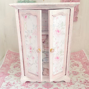 Chantallena White Bed Linens Armoire Wooden Shabby Pink Distressed Armoire with Linens| 1:12 Scale Painted Petals Furniture |Chantallena