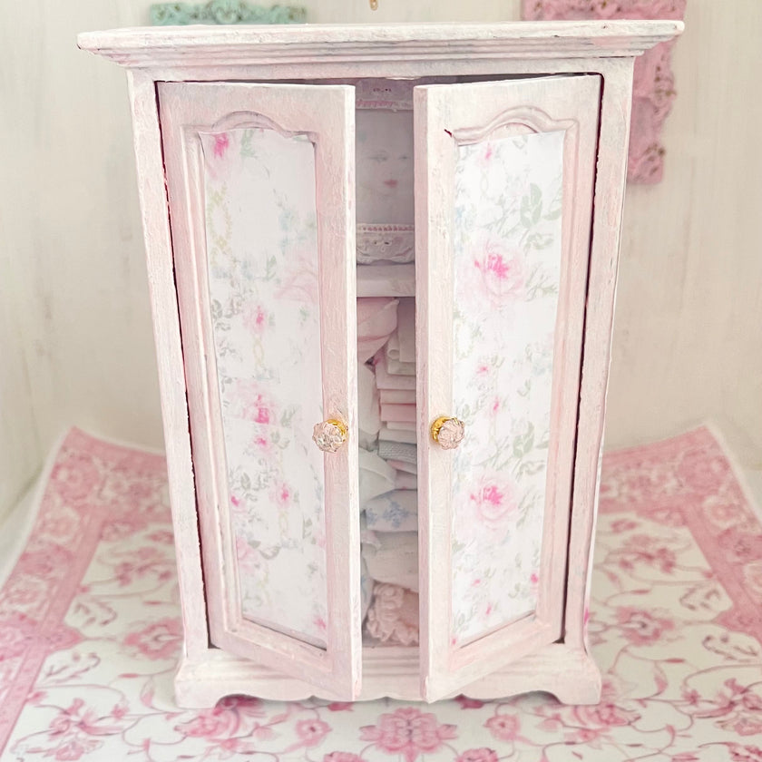 Chantallena White Bed Linens Armoire Wooden Shabby Pink Distressed Armoire with Linens| 1:12 Scale Painted Petals Furniture |Chantallena
