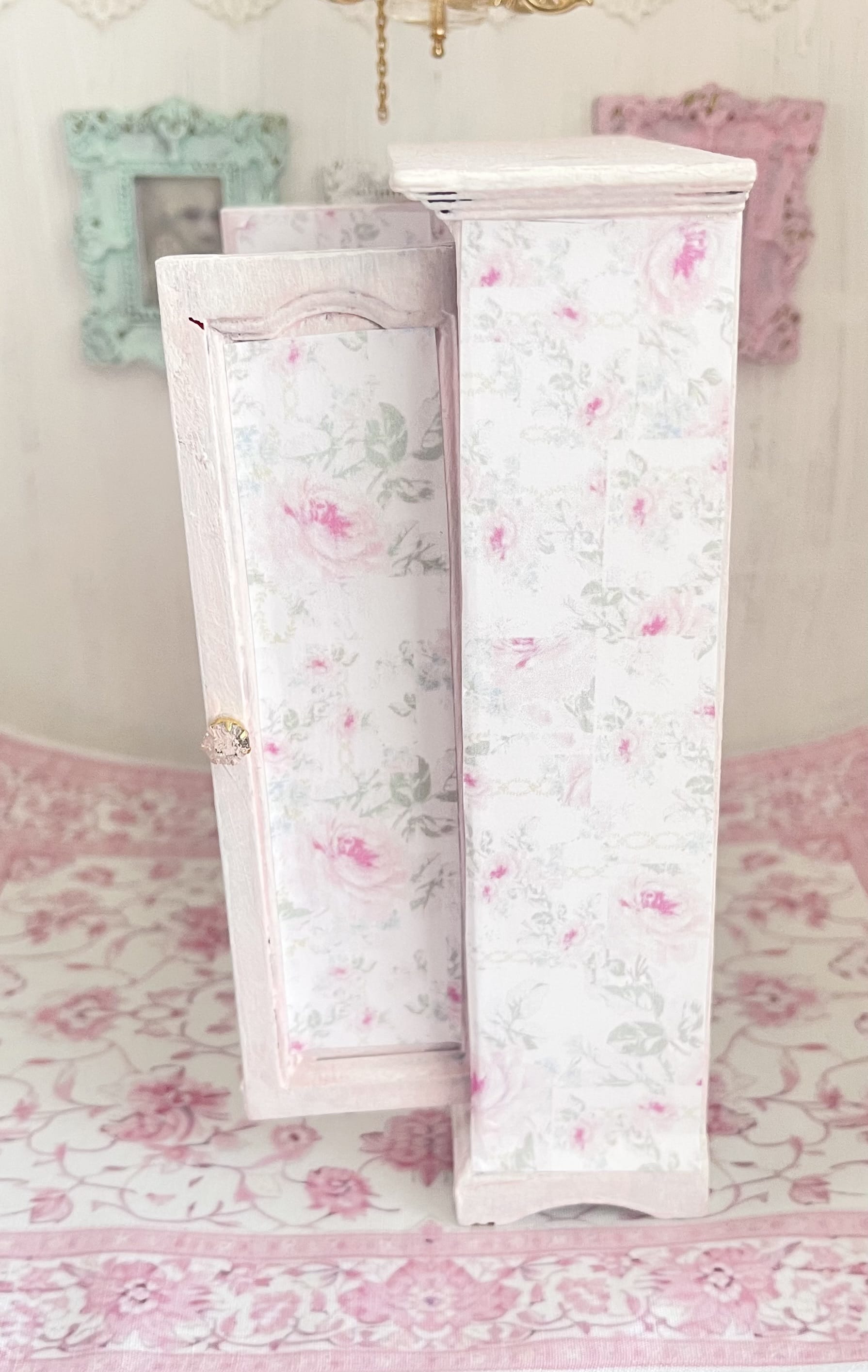 Chantallena White Bed Linens Armoire Wooden Shabby Pink Distressed Armoire with Linens| 1:12 Scale Painted Petals Furniture |Chantallena