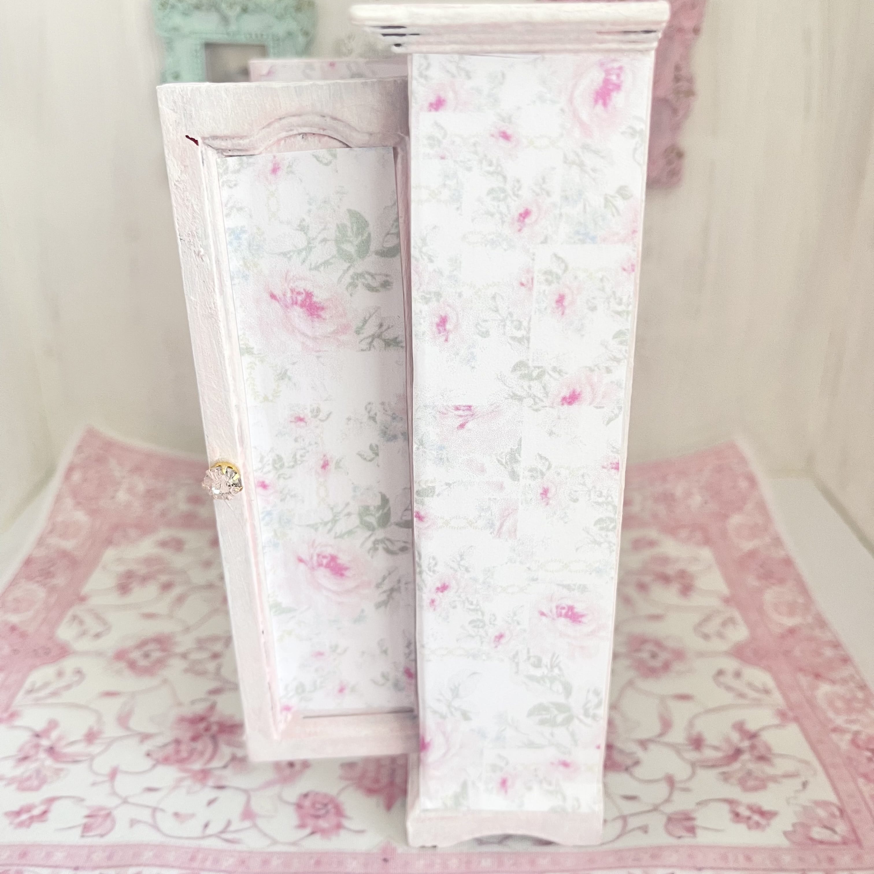 Chantallena White Bed Linens Armoire Wooden Shabby Pink Distressed Armoire with Linens| 1:12 Scale Painted Petals Furniture |Chantallena