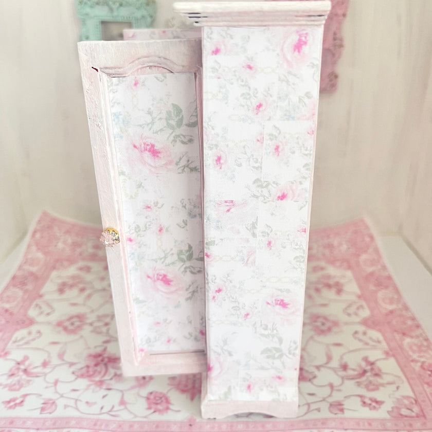 Chantallena White Bed Linens Armoire Wooden Shabby Pink Distressed Armoire with Linens| 1:12 Scale Painted Petals Furniture |Chantallena