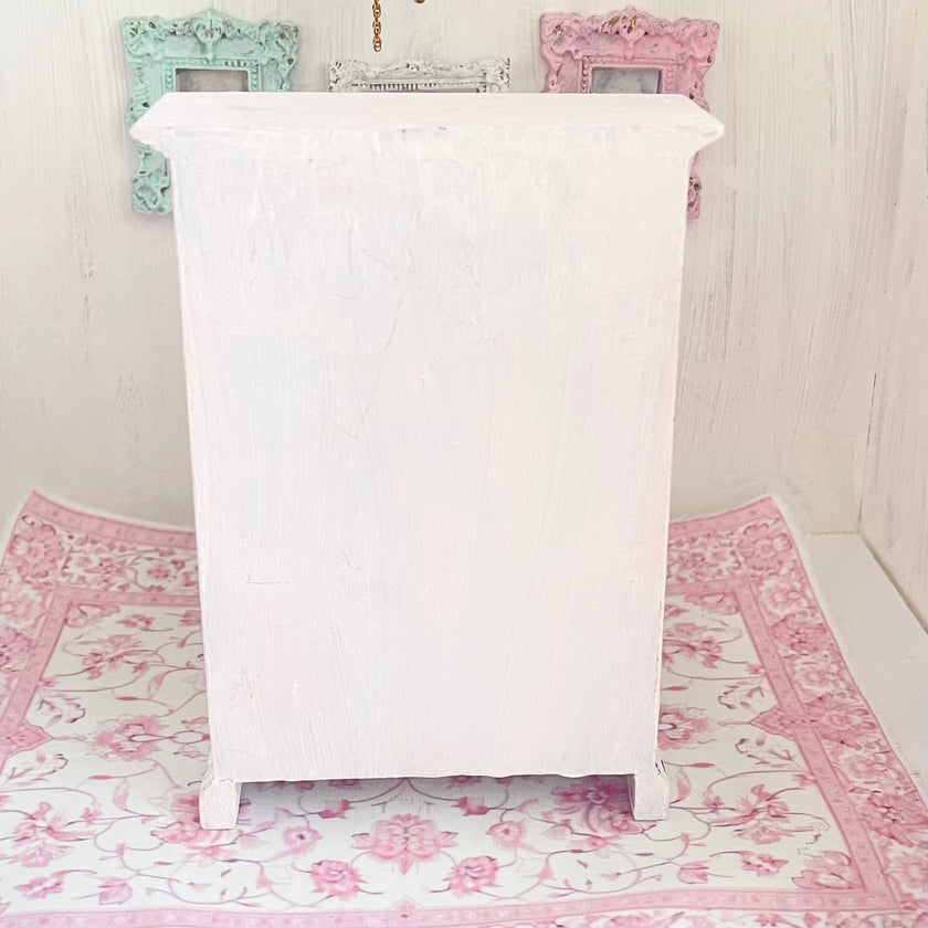 Chantallena White Bed Linens Armoire Wooden Shabby Pink Distressed Armoire with Linens| 1:12 Scale Painted Petals Furniture |Chantallena
