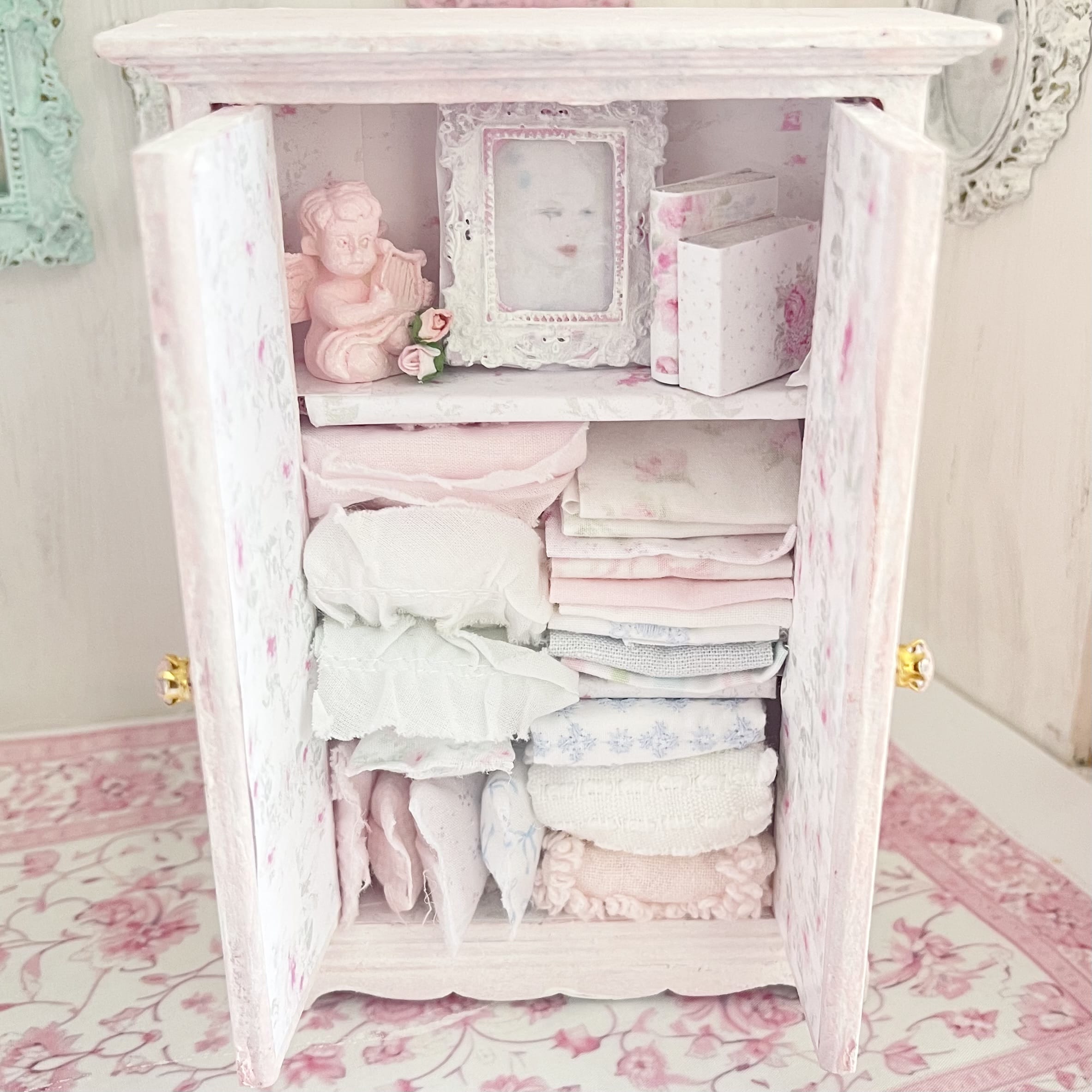 Chantallena White Bed Linens Armoire Wooden Shabby Pink Distressed Armoire with Linens| 1:12 Scale Painted Petals Furniture |Chantallena
