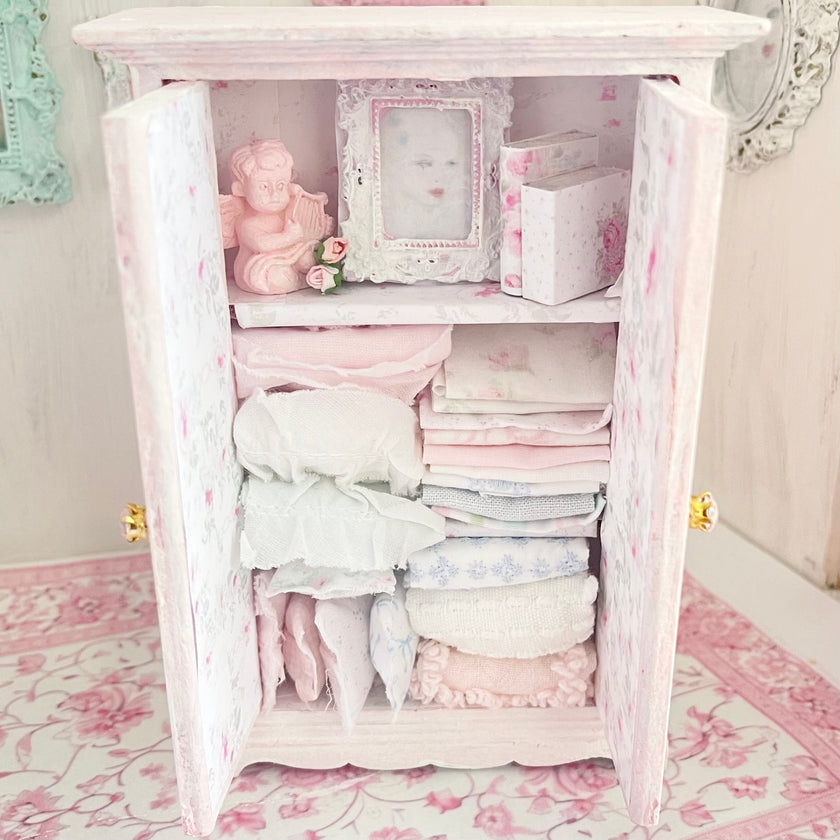 Chantallena White Bed Linens Armoire Wooden Shabby Pink Distressed Armoire with Linens| 1:12 Scale Painted Petals Furniture |Chantallena