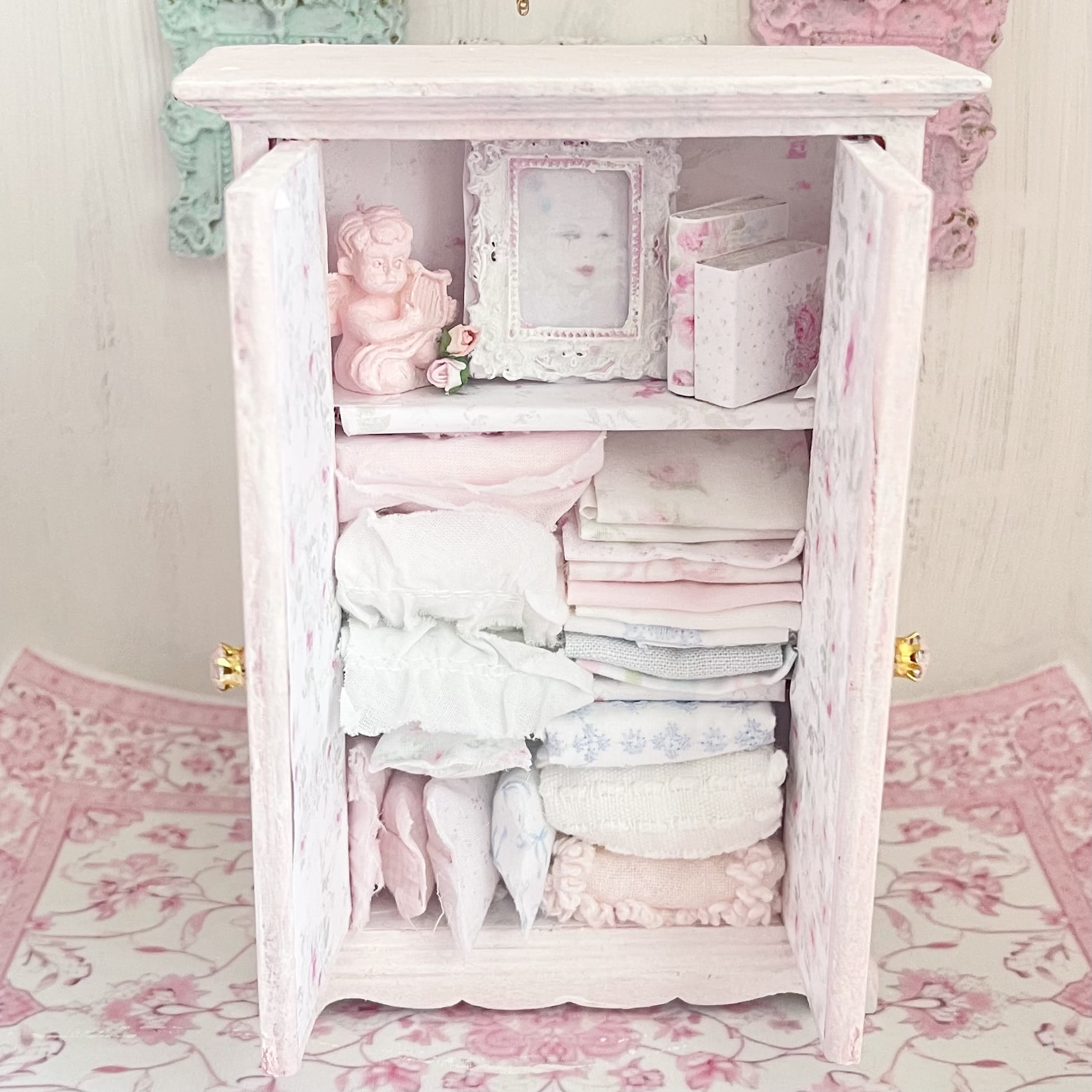 Chantallena White Bed Linens Armoire Wooden Shabby Pink Distressed Armoire with Linens| 1:12 Scale Painted Petals Furniture |Chantallena