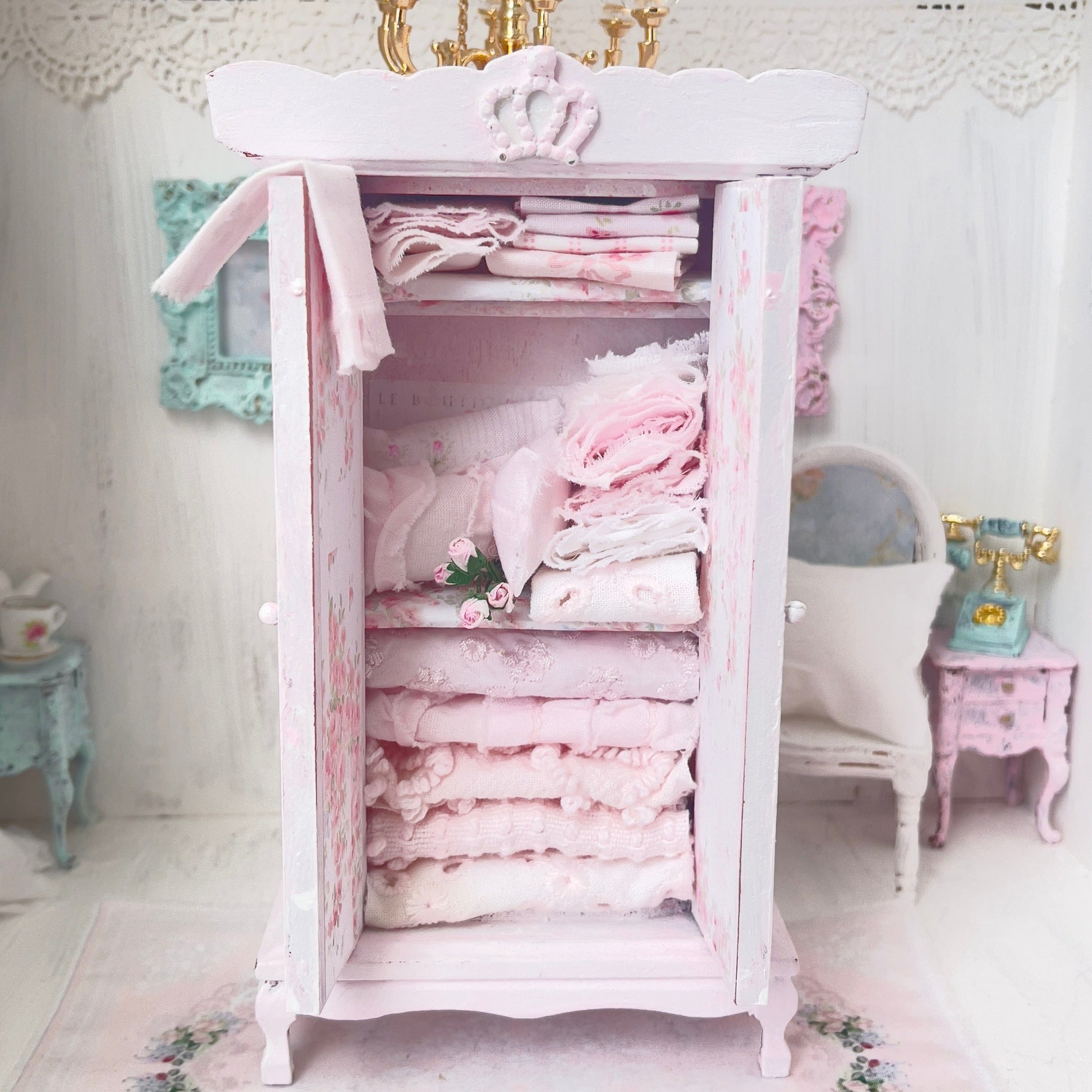 Chantallena White Bed Linens Armoire | Wooden Shabby Pink Distressed with Linens| Painted Petals Furniture