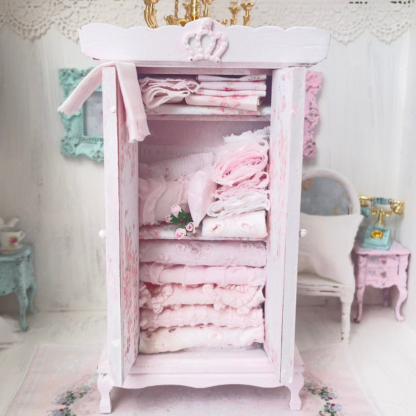 Chantallena White Bed Linens Armoire | Wooden Shabby Pink Distressed with Linens| Painted Petals Furniture