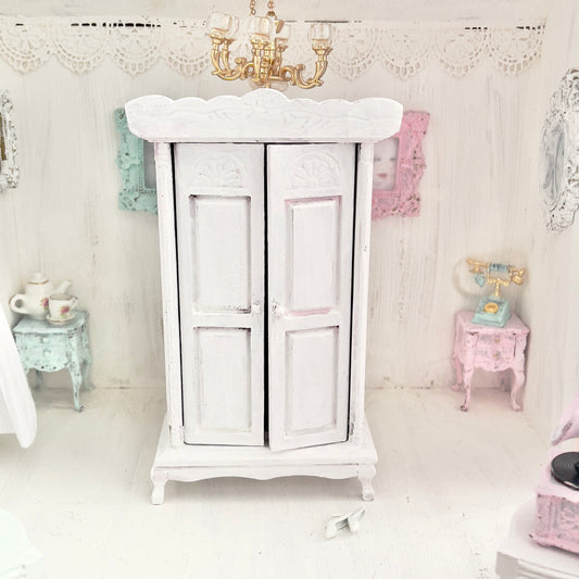 Chantallena White Bed Linens Armoire | Wooden Shabby White Distressed | Aged in White Petals Furniture