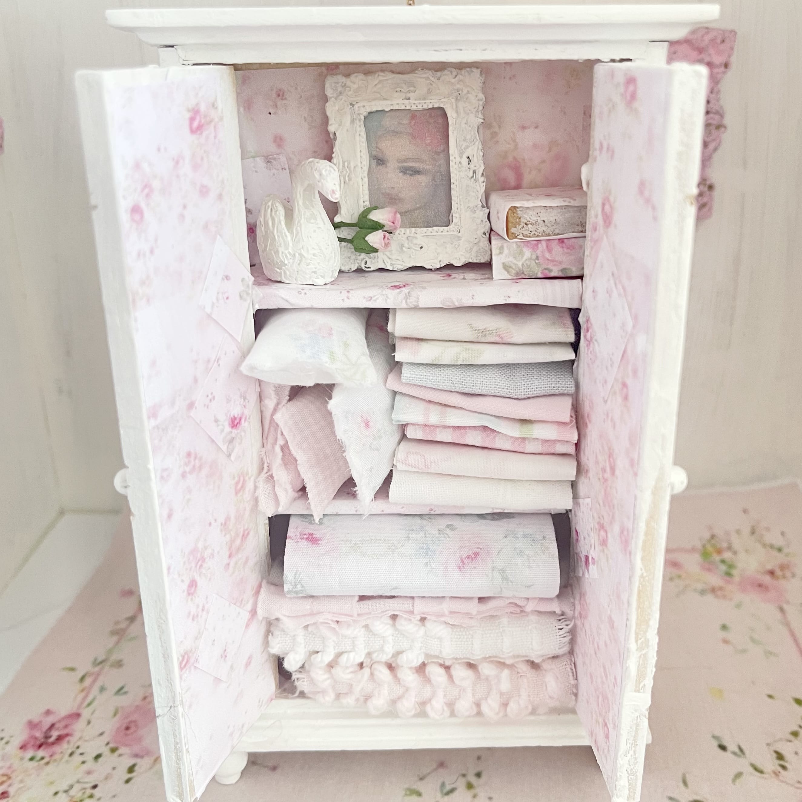 Chantallena White Bed Linens Armoire Wooden Shabby White Distressed Armoire with Linens| 1:12 Scale Painted Petals Furniture |Chantallena