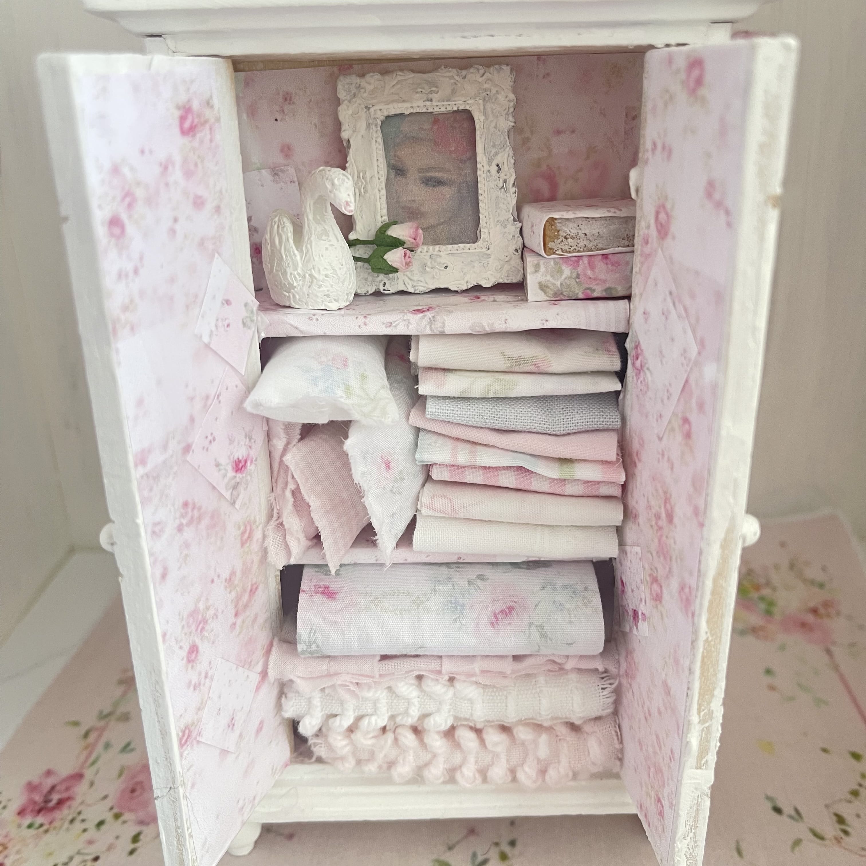 Chantallena White Bed Linens Armoire Wooden Shabby White Distressed Armoire with Linens| 1:12 Scale Painted Petals Furniture |Chantallena