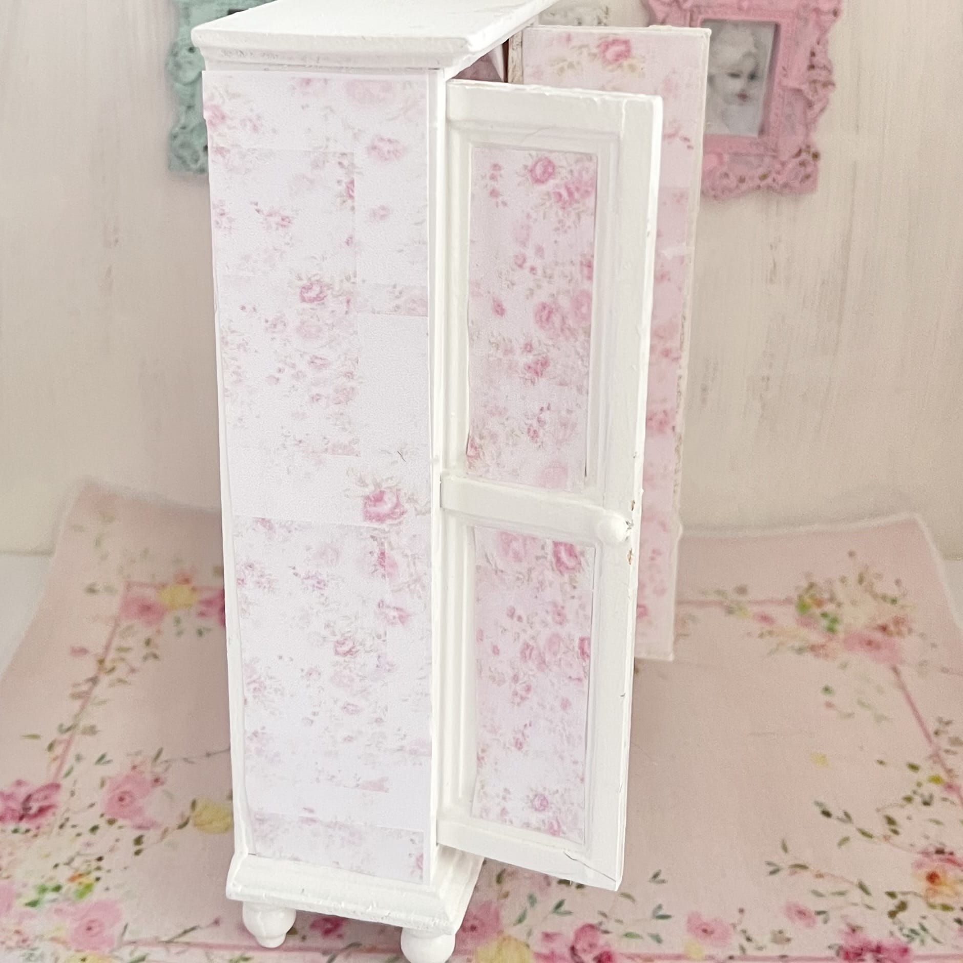 Chantallena White Bed Linens Armoire Wooden Shabby White Distressed Armoire with Linens| 1:12 Scale Painted Petals Furniture |Chantallena