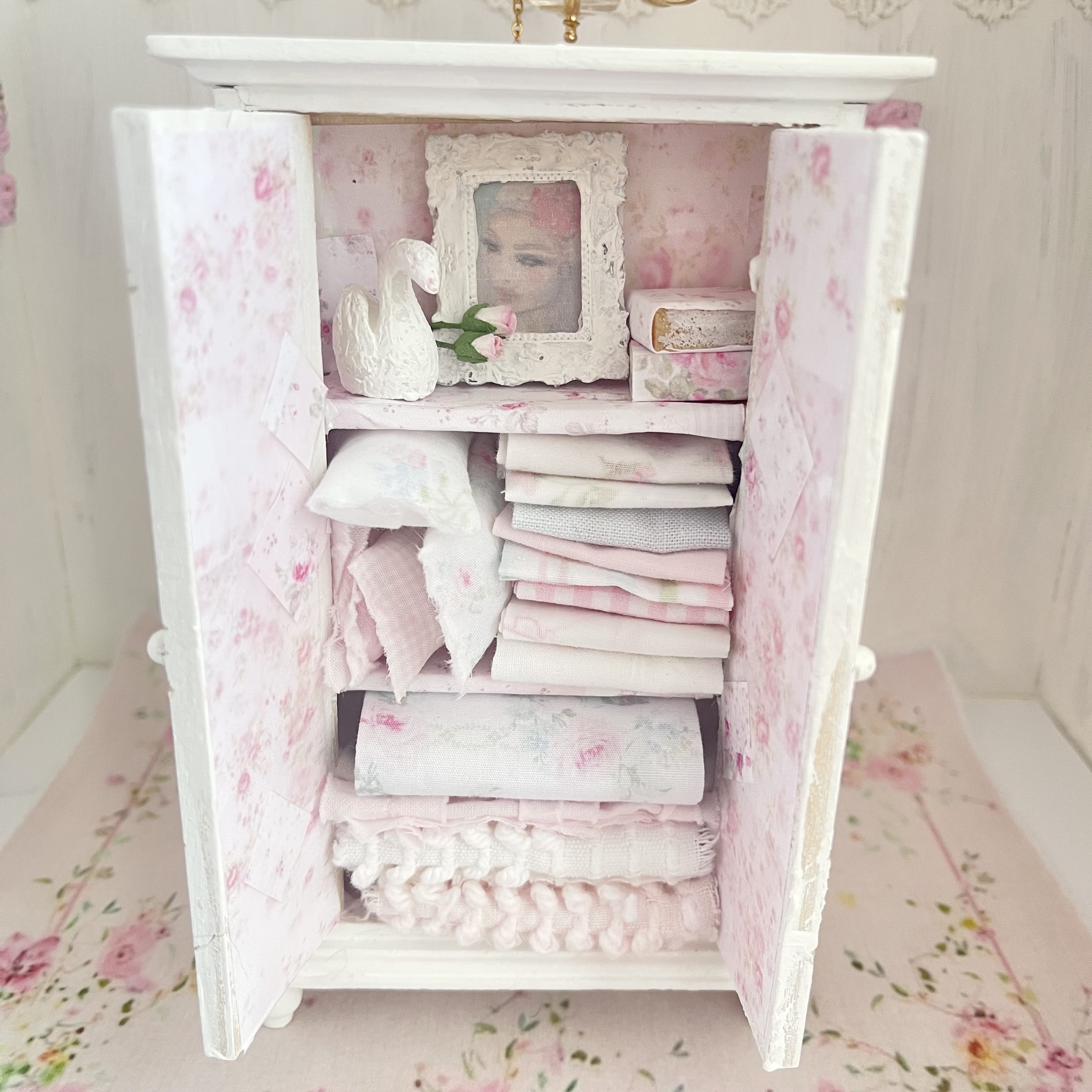 Chantallena White Bed Linens Armoire Wooden Shabby White Distressed Armoire with Linens| 1:12 Scale Painted Petals Furniture |Chantallena
