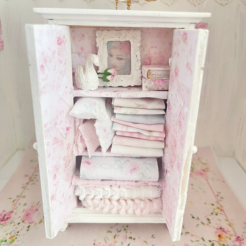 Chantallena White Bed Linens Armoire Wooden Shabby White Distressed Armoire with Linens| 1:12 Scale Painted Petals Furniture |Chantallena