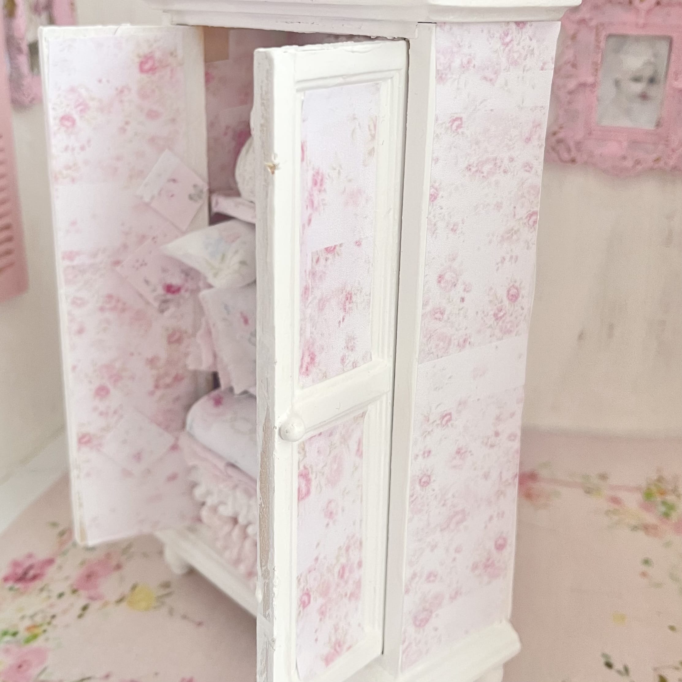 Chantallena White Bed Linens Armoire Wooden Shabby White Distressed Armoire with Linens| 1:12 Scale Painted Petals Furniture |Chantallena