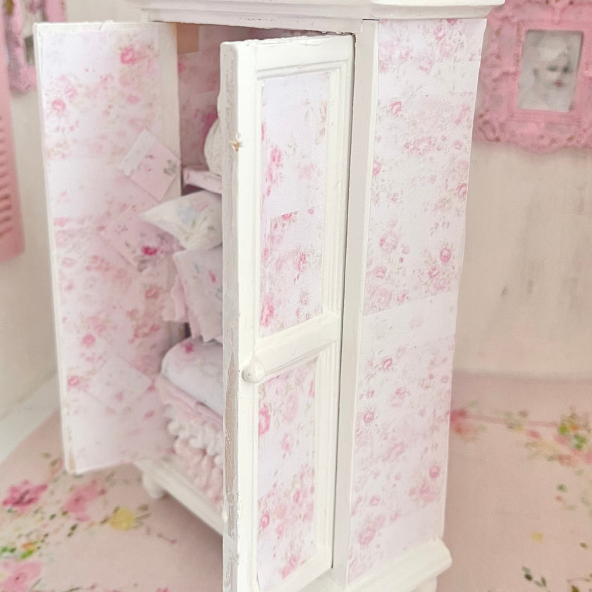 Chantallena White Bed Linens Armoire Wooden Shabby White Distressed Armoire with Linens| 1:12 Scale Painted Petals Furniture |Chantallena