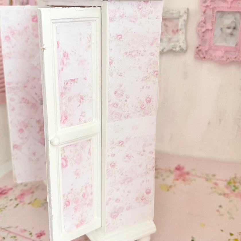 Chantallena White Bed Linens Armoire Wooden Shabby White Distressed Armoire with Linens| 1:12 Scale Painted Petals Furniture |Chantallena