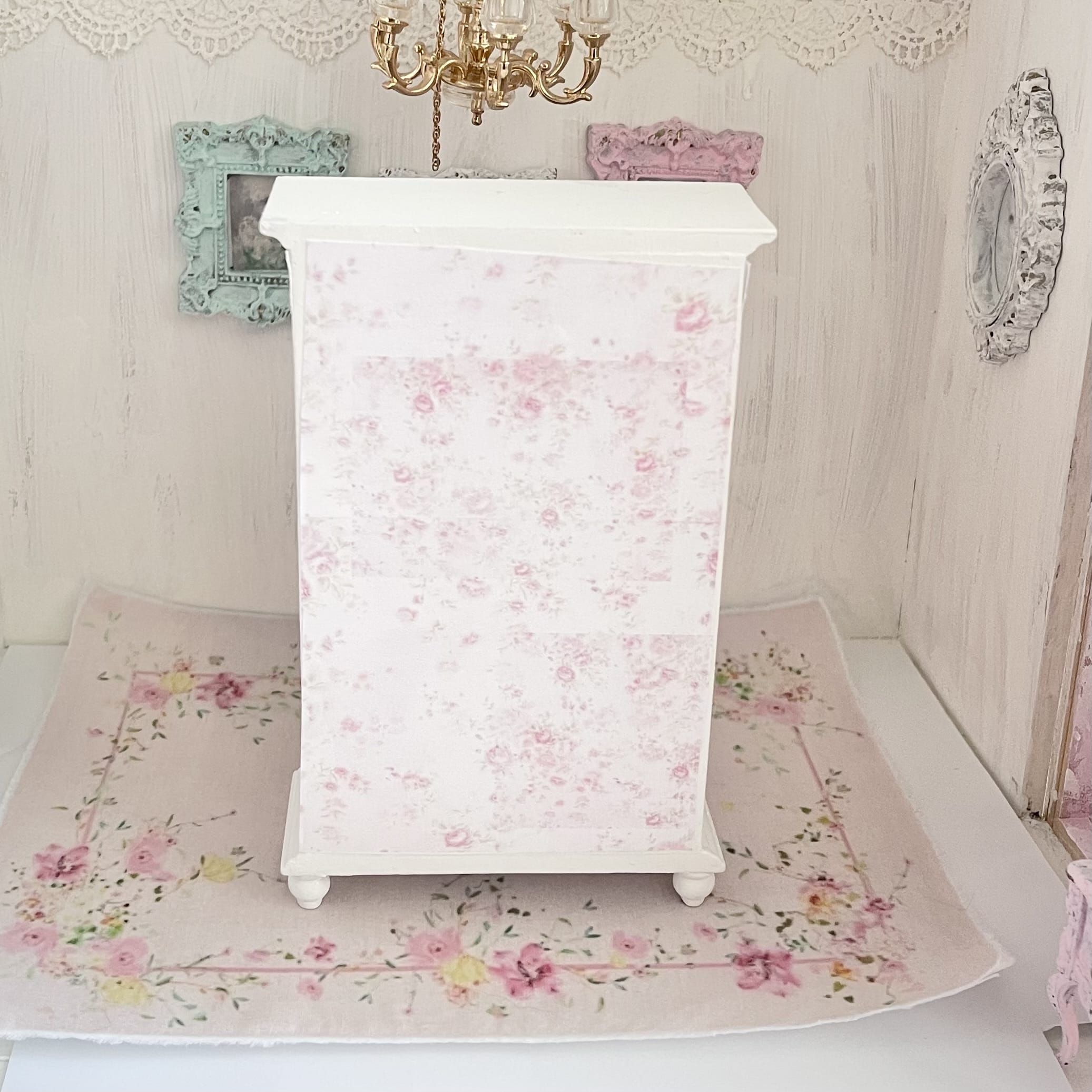 Chantallena White Bed Linens Armoire Wooden Shabby White Distressed Armoire with Linens| 1:12 Scale Painted Petals Furniture |Chantallena