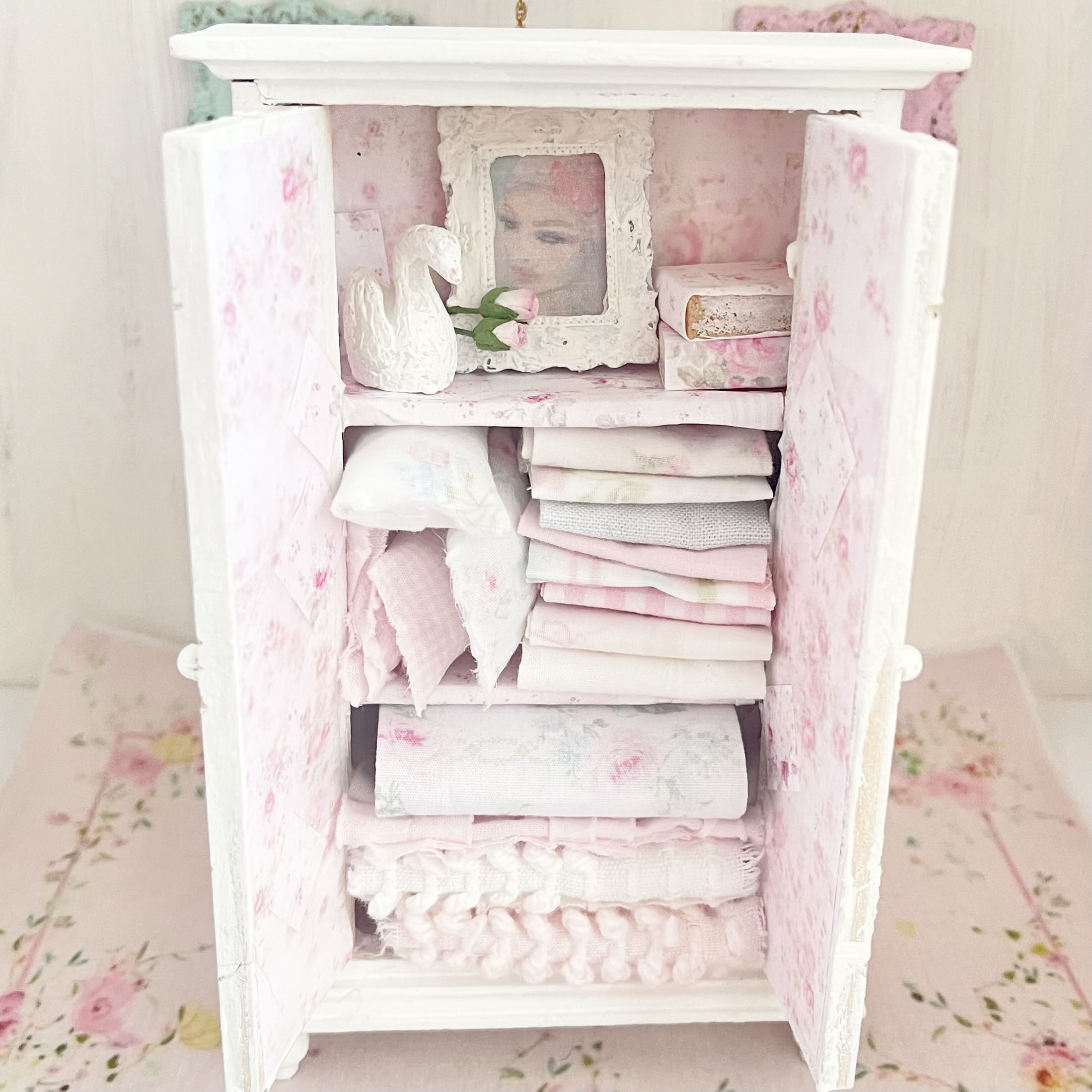 Chantallena White Bed Linens Armoire Wooden Shabby White Distressed Armoire with Linens| 1:12 Scale Painted Petals Furniture |Chantallena