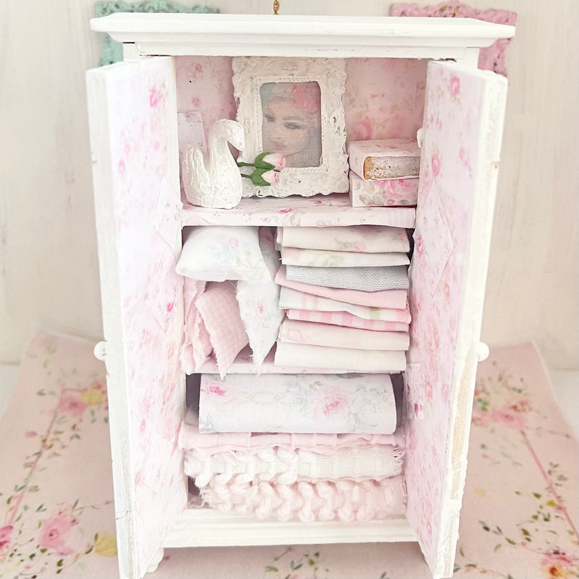 Chantallena White Bed Linens Armoire Wooden Shabby White Distressed Armoire with Linens| 1:12 Scale Painted Petals Furniture |Chantallena