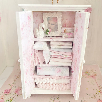 Chantallena White Bed Linens Armoire Wooden Shabby White Distressed Armoire with Linens| 1:12 Scale Painted Petals Furniture |Chantallena