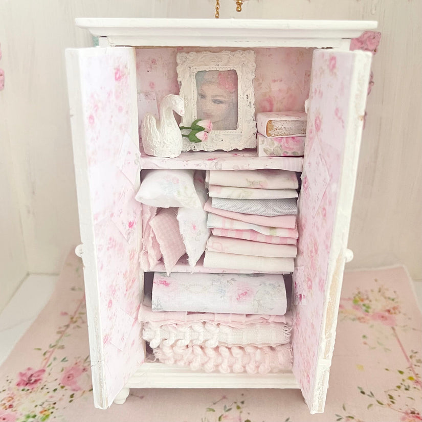 Chantallena White Bed Linens Armoire Wooden Shabby White Distressed Armoire with Linens| 1:12 Scale Painted Petals Furniture |Chantallena