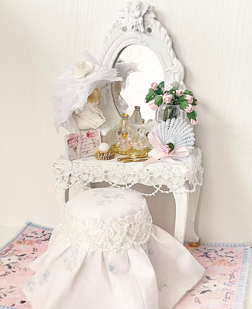 Chantallena White Bed Linens Blue Château -Vanity Set with Stool| Wooden White Distressed-1:12 Scale| Painted Petals Furniture |Chantallena