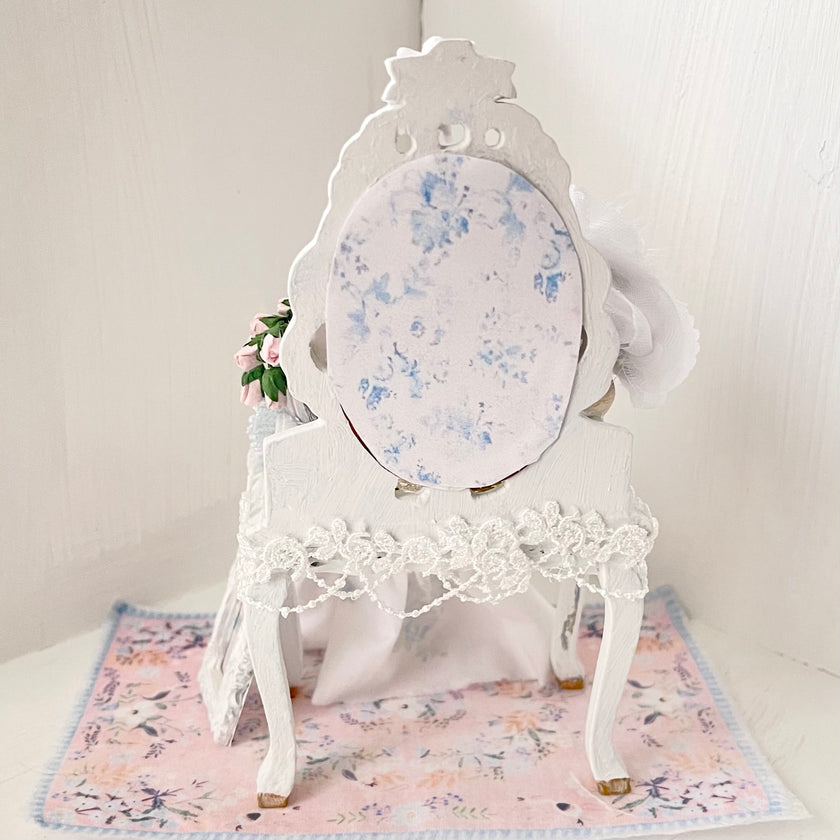 Chantallena White Bed Linens Blue Château -Vanity Set with Stool| Wooden White Distressed-1:12 Scale| Painted Petals Furniture |Chantallena